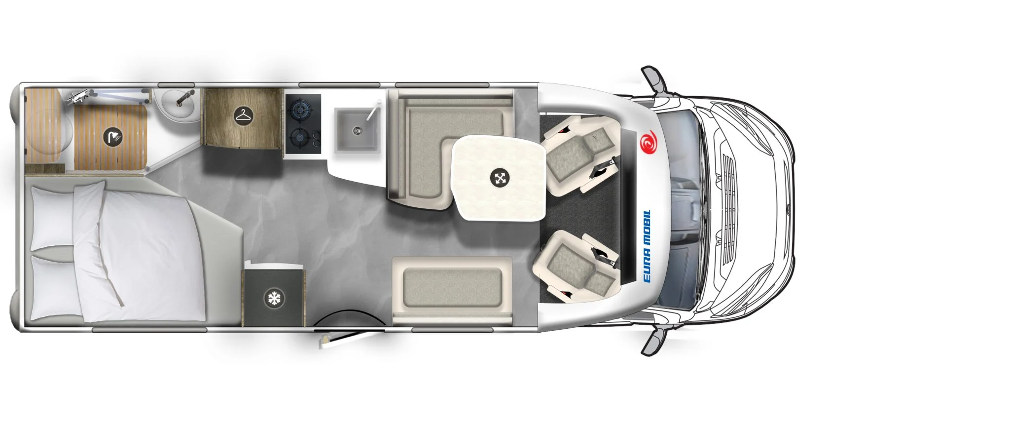 Půdorys obytného vozu Eura Mobil Profila T 675 SB